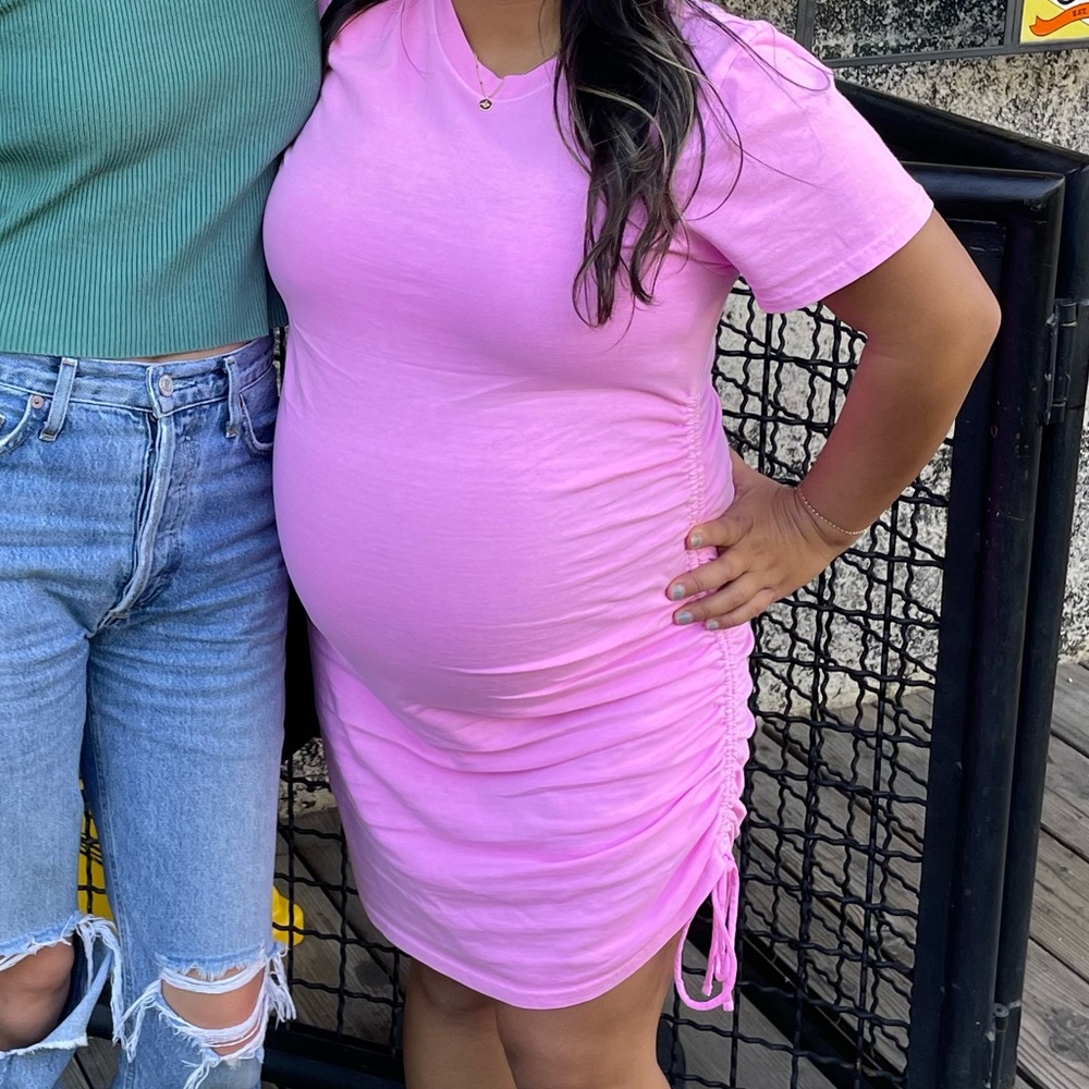 Hot pink T-shirt dress with tie cinch on the side